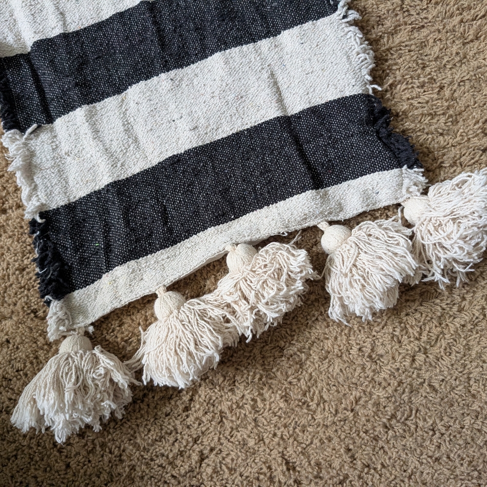 Mudpie Striped Black and Cream Tassel Throw Table Runner